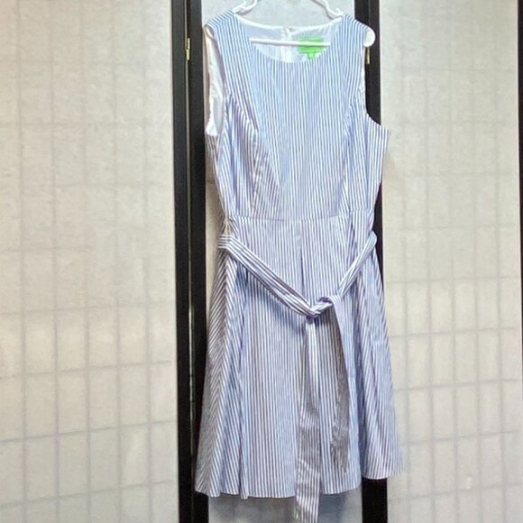 Pappagallo Fit & Flare Pleated Midi Dress Lined Stripe Blue White 16 Sleeveless - Picture 3 of 12